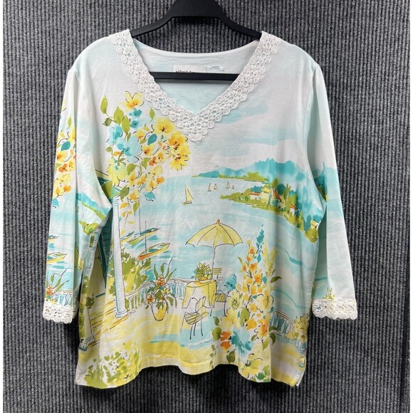 ALFRED DUNNER Shirt Women XL Scenic Lace Knit Top Beach Vacation 3/4 Sleeve READ - Picture 1 of 14